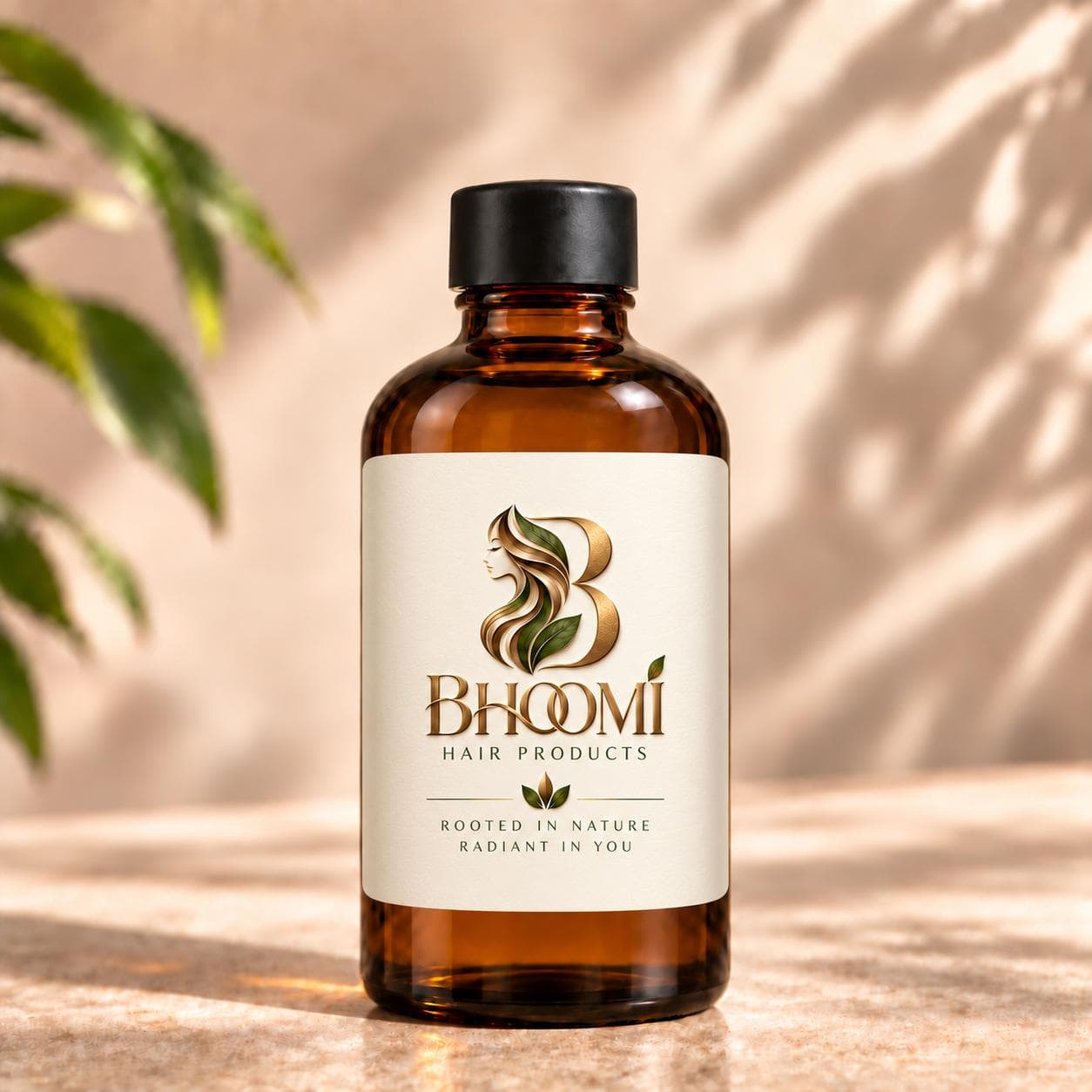 Bhoomi Herbal Essence Premium Hair Oil in an amber glass bottle